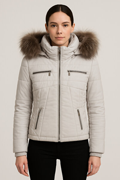 HMO Store Krem Rengi Özel Tasarım Şişme Premium Hakiki Kürklü Deri Ceket