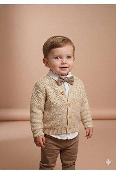 wofım kıds Baby Boy and Children's Knitwear Cardigan Shirt Pants Set with Bow...