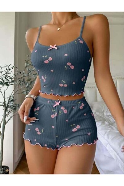 M MERC Giyim Blue Cherry Patterned Suspender Shorts Pajama Set