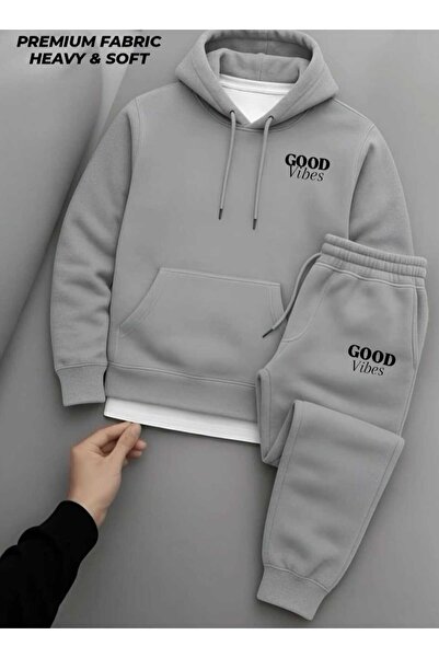 woonkey Unisex Premium Heavy&Soft Tracksuit Set Hooded Top & Jogger Bottom “Good Vibes” Printed Winter Fabric