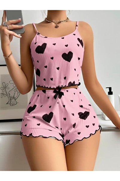 M MERC Giyim Cotton Pink Top with Black Heart Pattern and Suspender Ribbed Sh...