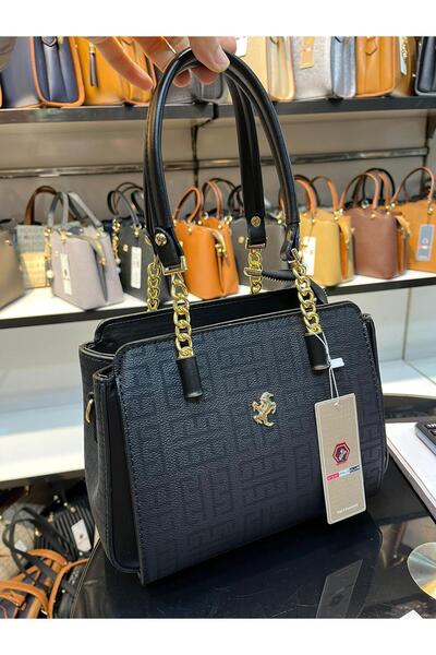 Çanta Trend Miami Polo Black 4-Compartment Chain Detailed Long Crossbody Strap & Handbag (25X20 cm)