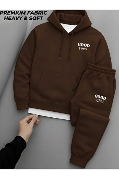 woonkey Unisex Premium Heavy&Soft Tracksuit Set Hooded Top & Jogger Bottom “Good Vibes” Printed Winter Fabric