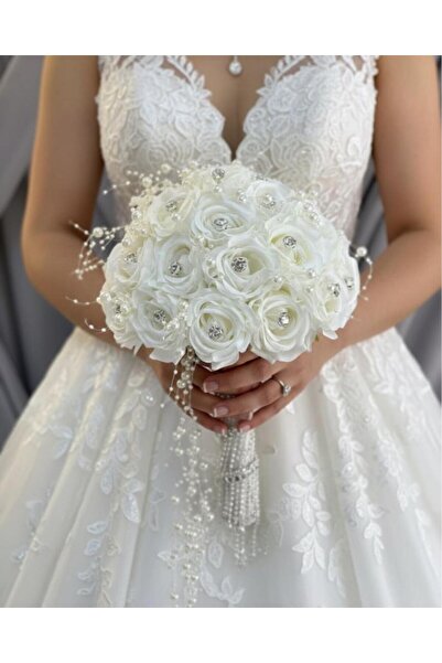 zenya store Kadife Dokulu İncili Taşlı Gül Buketi Yaka Çiçeği Hediyeli