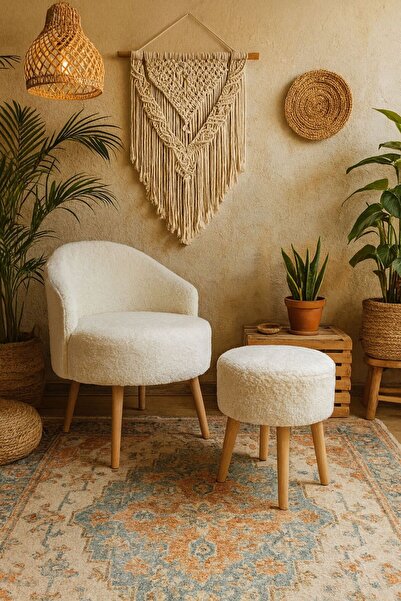 WEBPANYA MOBİLYA Gürgen Ahşap Ayak Kırık Beyaz Welsoft Kumaş Dekoratif Berjer...