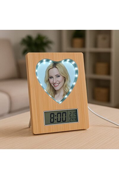 BADEAVM Fotoğraflı Led Işıklı Kapli Sihirli Ayna Bambu Saat Takvim Çerçeve