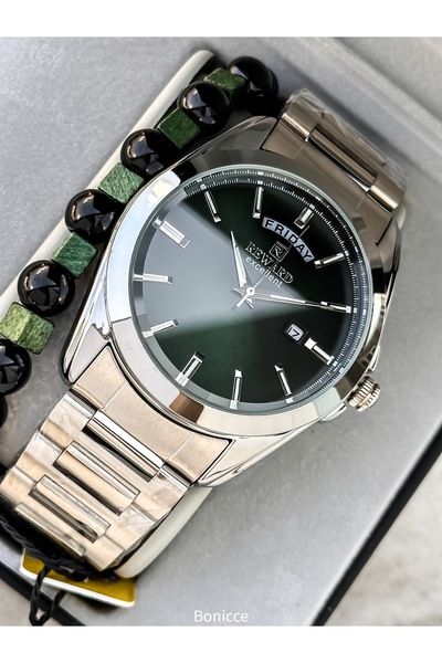 Reward Men's Wristwatch, Green Dial, Silver Color Steel Band, Stylish Box with Calendar, Bracelet Gift