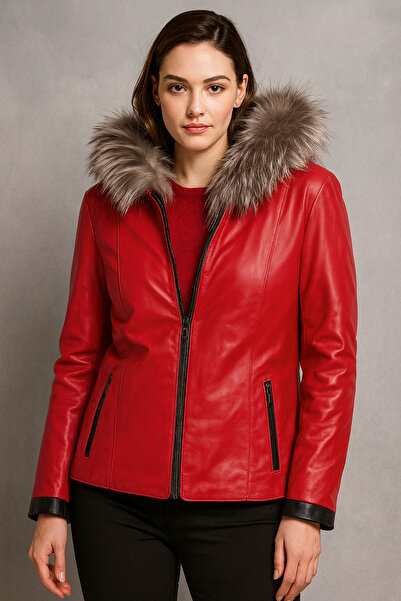 HMO Store Red Color Special Design Premium Genuine Fur Genuine Leather Jacket