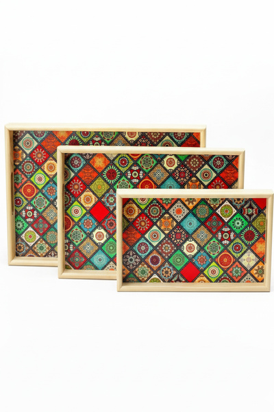 EVCİME Ahşap 3'lü Set Mozaik Desenli Dekoratif Sunum Tepsisi