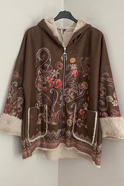 AYASOFYA OTANTIK Kadın Italyan Kahverenk Kapüşonlu İçi Kürklü Torba Cepli Fermuar Kapamalı Karışık Desen Nubuk Kaban