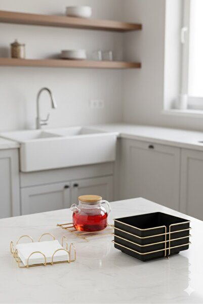 UG Home Gold Square Bread Basket Square Napkin Holder Square Placemat 3-Piece Serving Presentation Set