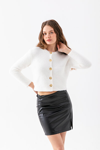 Loov Soft Textured Ecru Buttoned Crop Cardigan – Evening Dress Bolero Style C...