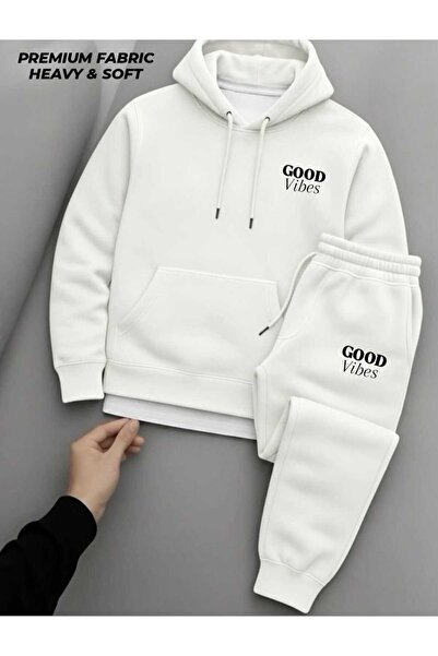 woonkey Unisex Premium Heavy&Soft Tracksuit Set Hooded Top & Jogger Bottom “Good Vibes” Printed Winter Fabric