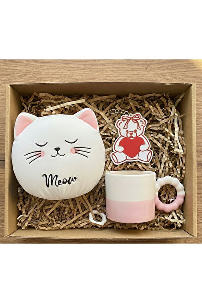 Hr Production Kişiye Özel Hediye Seti|35cm Kedi Peluş Yastık,Pembe Flowly Kup...