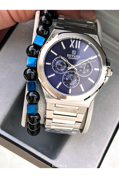 Reward Men's Watch, Navy Blue Dial, Silver Color Steel Band, Functions Active...