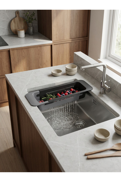 Velgrina Teleskopik Evye Üstü Süzgeç – Siyah Gri, 300–543 mm Ayarlanabilir