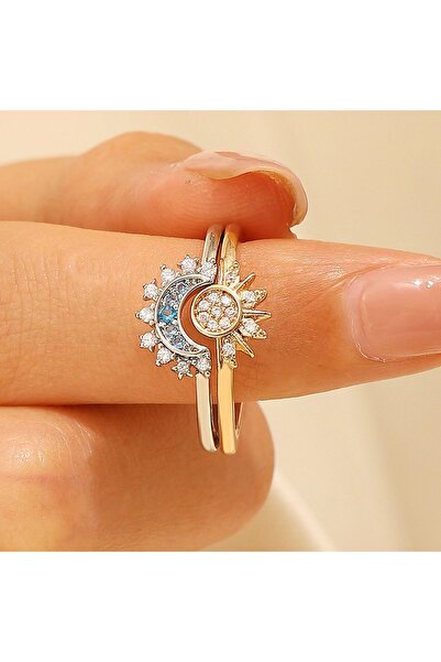 Hilosh Güneş Ay Figürlü Taşlı Altın Renk Kadın Yüzük – Ayarlanabilir Sevgili ...
