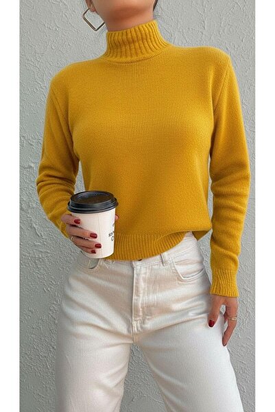 Miss Poem Women's High Neck Turtleneck Long Yellow Knit Sweater