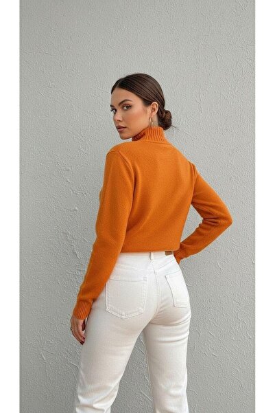 Miss Poem Women's High Neck Turtleneck Long Orange Knit Sweater