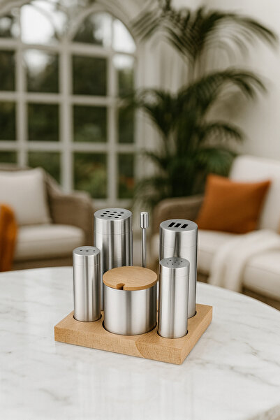 Davet Paslanmaz çelik Ekstra Baharatlık Set - Paslanmaz Çelik Ahşap Standlı T...