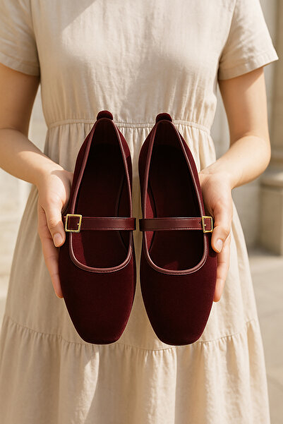 N MODA Pantofi de balerină pentru femei, catifea, burgundă, cu cataramă aurie...