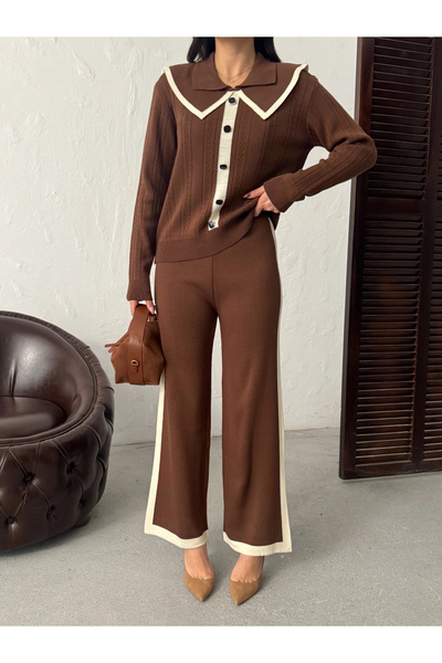 Lusin Women's Brown Stylish Collar Detailed Buttoned Blouse Pants Bottom Top Two-Piece Knitwear Set (New Color)