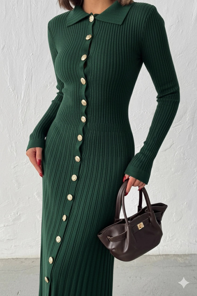 Lusin Women's Nefti Green Gold Button Detailed Corded Fabric Long Knitwear Dress (New Color)