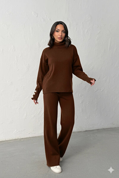 Lusin Women's Bitter Brown Sleeve Button Detailed Blouse Skirt Bottom Top Two-Piece Knitwear Set