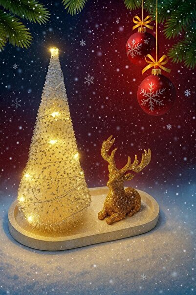 AtölyeKekik 3’lü Yeni Yıl Dekor Seti Işıklı – Çam Ağacı, Gold Geyik ve Taş Al...