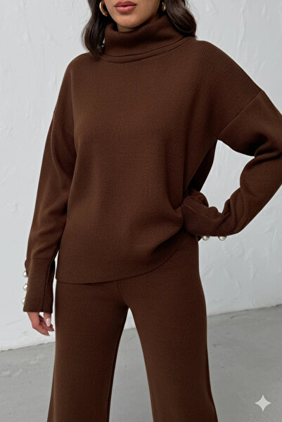 Lusin Women's Bitter Brown Sleeve Button Detailed Blouse Skirt Bottom Top Two-Piece Knitwear Set