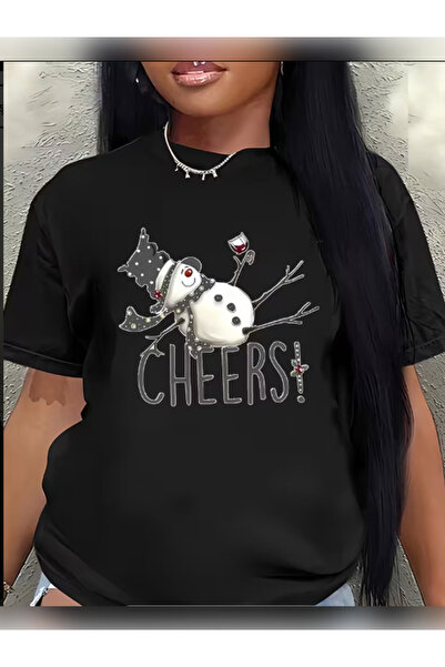 TİMİSİVA Unisex Oversized Cheeris Printed Crew Neck Short Sleeve Black T-Shirt