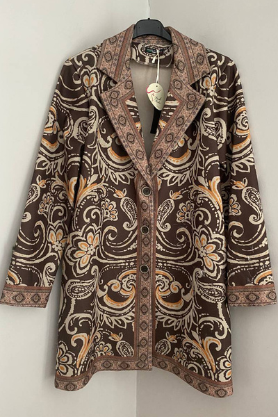 AYASOFYA OTANTIK Women's Italian Brown Shawl Patterned Long Jacket with Side Pockets and Button Closure