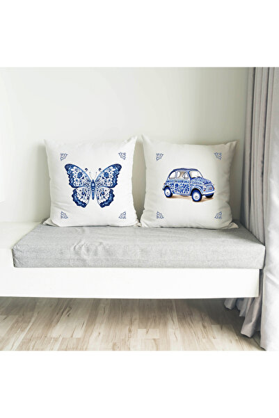 cuboo home Blue Tile and City Themed Custom Design 4-Piece Cushion Cover Set 43X43 cm