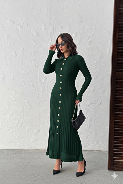 Lusin Women's Nefti Green Gold Button Detailed Corded Fabric Long Knitwear Dress (New Color)