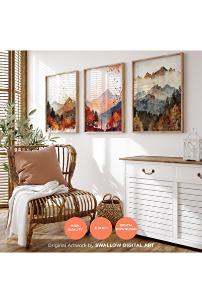 woodhomeworks 3 Piece Abstract Painting with Wooden Frame Home Autumn and Mountains