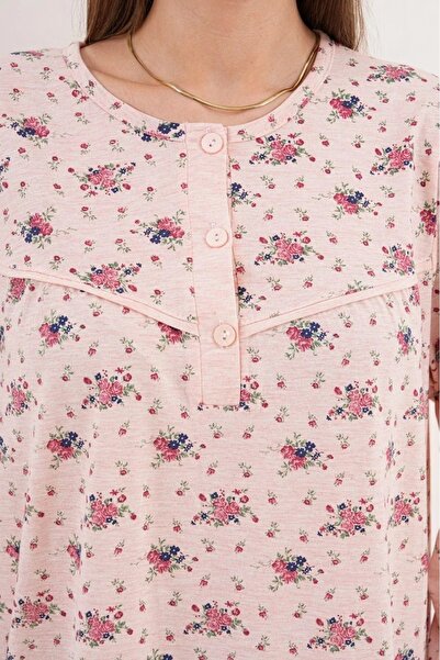 By Mecit Pijama Plus Size Long Sleeve Women's (Mom) Nightgown Floral Print Mom Nightgown 100% Cotton