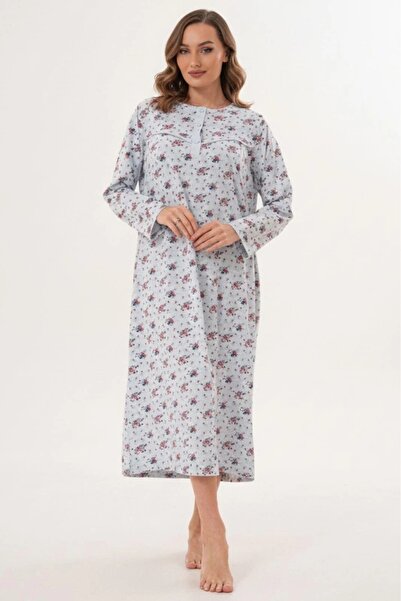Mecit Pijama Plus Size Long Sleeve Women's (Mom) Nightgown Floral Print Mom Nightgown 100% Cotton