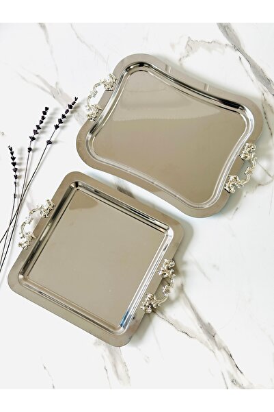 Melinda 2 li Gümüş Çay Kahve Servis Sunum Tepsisi Set İtalyan(21x26) - Kare(21x21)