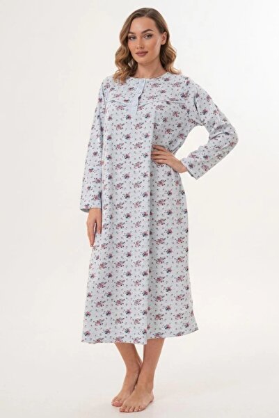Mecit Pijama Plus Size Long Sleeve Women's (Mom) Nightgown Floral Print Mom Nightgown 100% Cotton