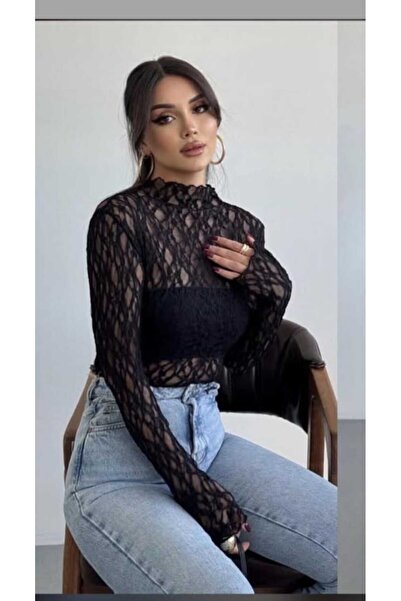 Enga Vera بلوزة نسائية شفافة من الدانتيل ياقة مرتفعة متوسطة الطول تريند أنيقة