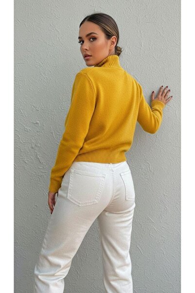 Miss Poem Women's High Neck Turtleneck Long Yellow Knit Sweater