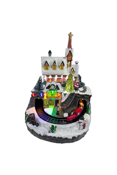 OMG Christmas decoration with moving train and LED lights – Train station, 23.5x24x32.5 cm