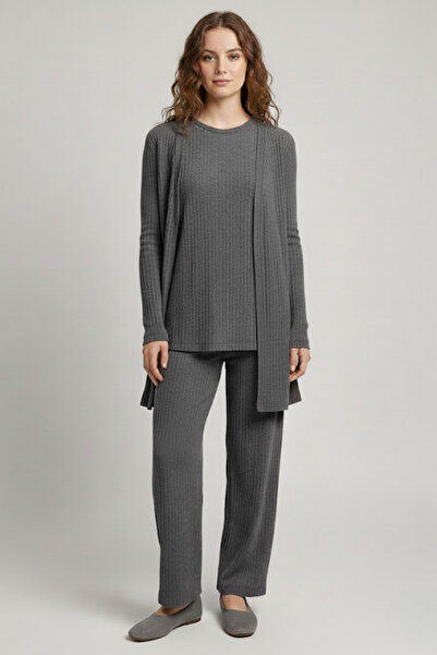 buğrahayalin Women's Gray Ribbed Three-Piece Set Long Cardigan Crew Neck Blouse Elasticated Cuffed Pants
