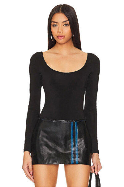 MetuCA Women's Black Double Layered Sandy Fabric U Neck Long Sleeve Snap Thon...