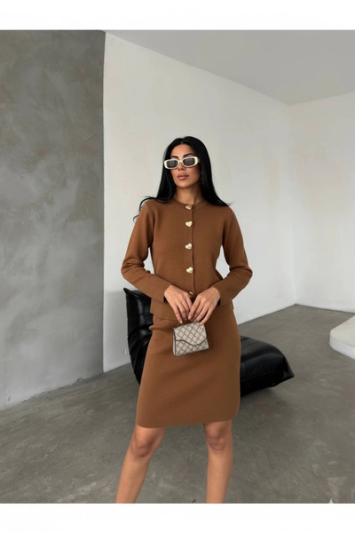 Lusin Women's Brown Gold Heart Button Detailed Cardigan Skirt Double Knitwear Set (New Color)