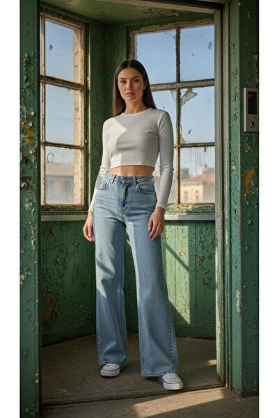 geenz manifacture Gabriela Snow Blue Stretch Fabric Super High Waist Loose Stretch Jeans Palazzo Pants