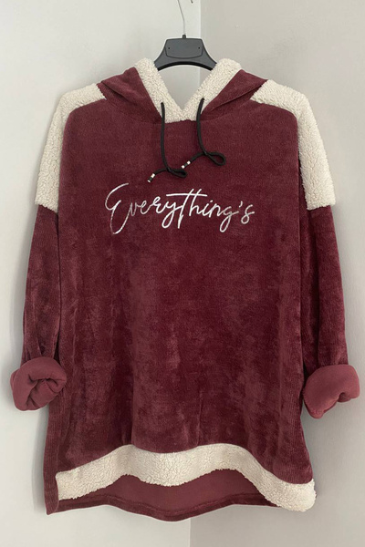 AYASOFYA OTANTIK بلوزة نسائية إيطالية باللون العنابي بغطاء رأس بنمط الكتابة اليدوية فضفاضة من القطيفة مع قبعة