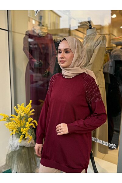 Tığ Triko Omuzlar Taş Baskılı Rayon Tunik 21723 Bordo