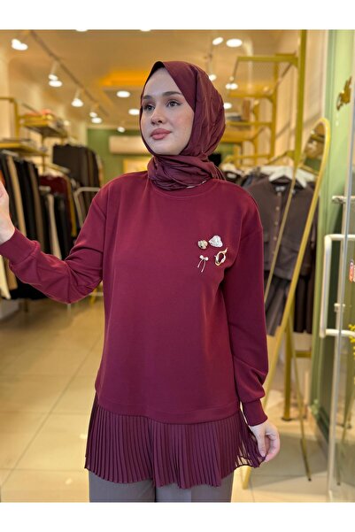 Tığ Triko Plise Detaylı Aksesuarlı Tunik 4012 Bordo