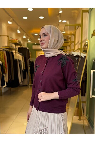 Tığ Triko Çiçek Aplikeli Triko Hırka 21746 Bordo